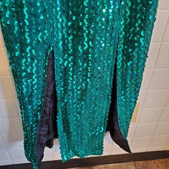 Vintage 80s Teal Sequin Embellished Sleeveless V Neck Mermaid Maxi Dress - Picture 4 of 16